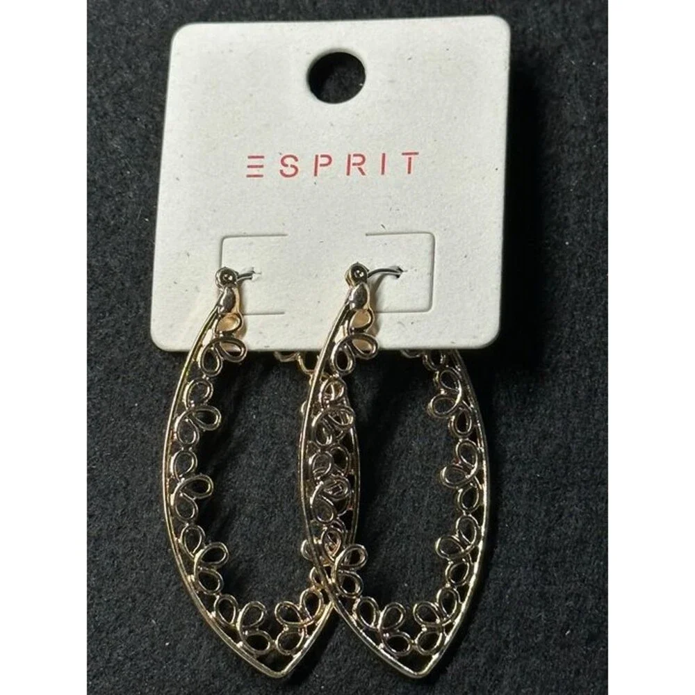 ESPRIT Gold Tone Filigree Teardrop Marquise Hoop Earrings Boho New Pair